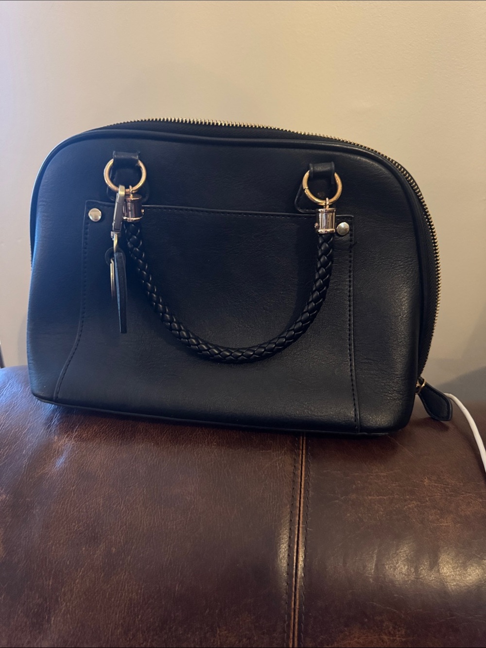Madison West Black Braided-Handle Satchel with Gold Hardware